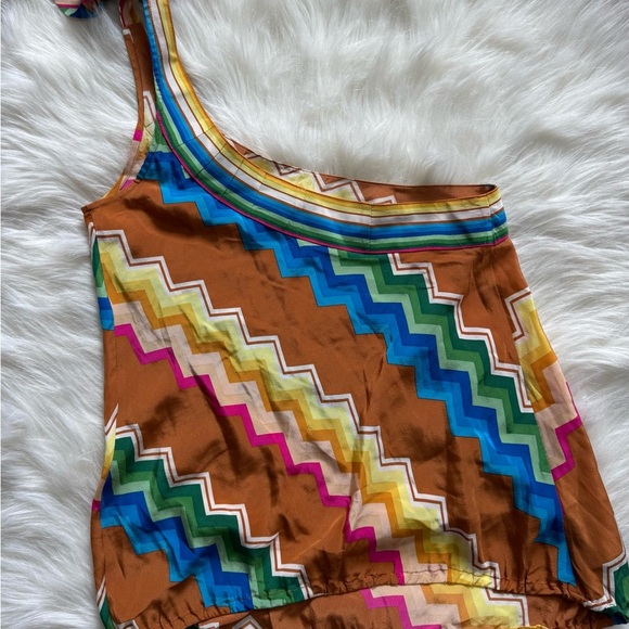 Plenty by Tracy Reese 100% Silk Multicolor Zigzag Stripe One Shoulder Top Y2K - Picture 2 of 3